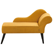 Chaise longue in tessuto senape versione destra gambe in legno scuro stile retrò