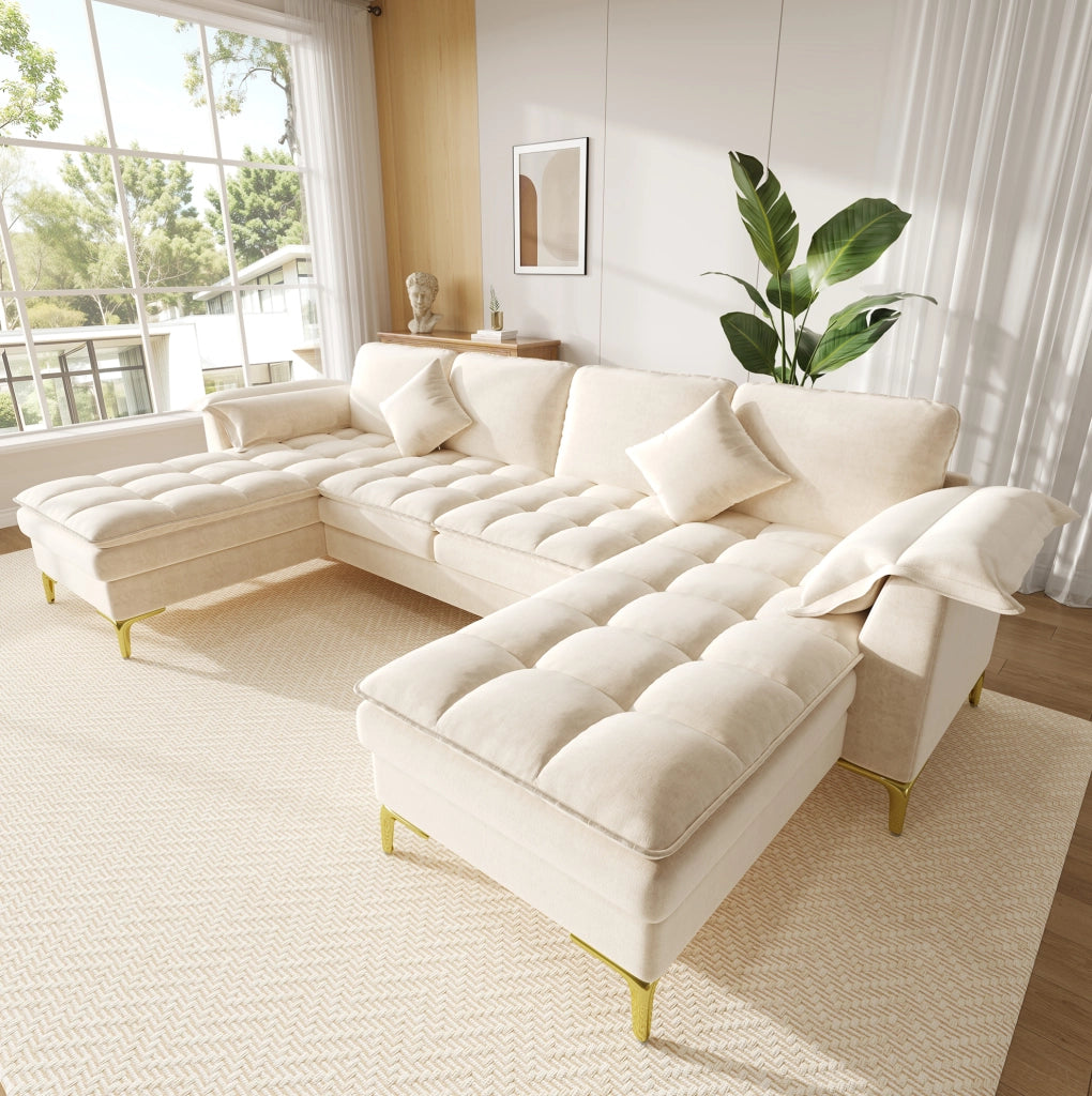 Divano angolare a U 4-5 posti in chenille beige con 2 chaise longue; 262x134x86 cm