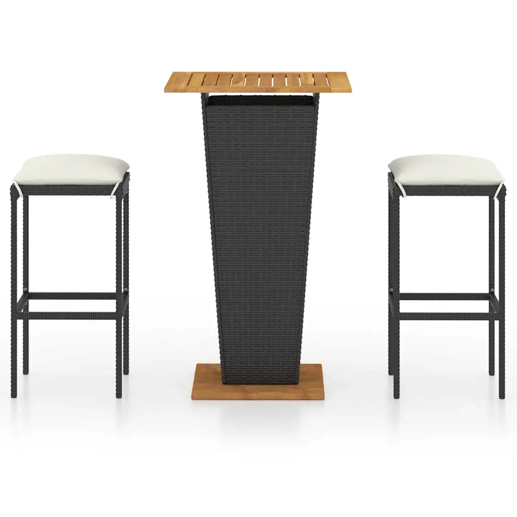 Set Bar da Giardino 3 pz con Cuscini in Polyrattan Nero