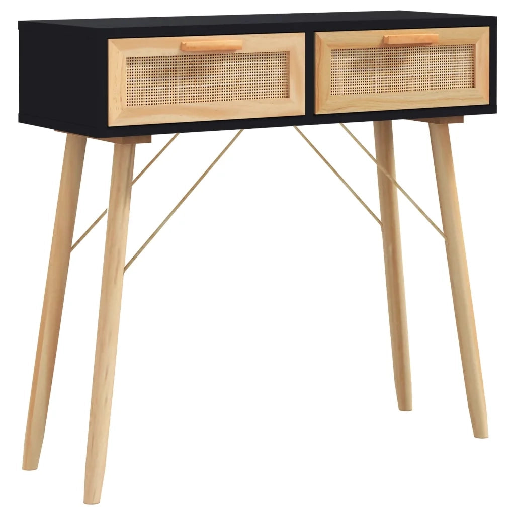 Tavolo Consolle | Tavolo d'Ingresso Nero 80x30x75cm Massello Pino e Rattan Naturale
