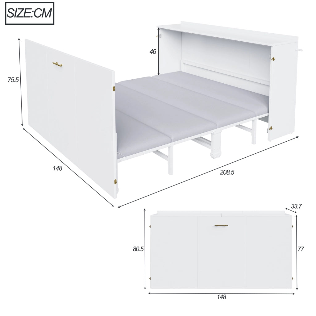 Letto a scomparsa 140 × 200 cm con ruote silenziose, materasso incluso, struttura in legno e metallo, bianco