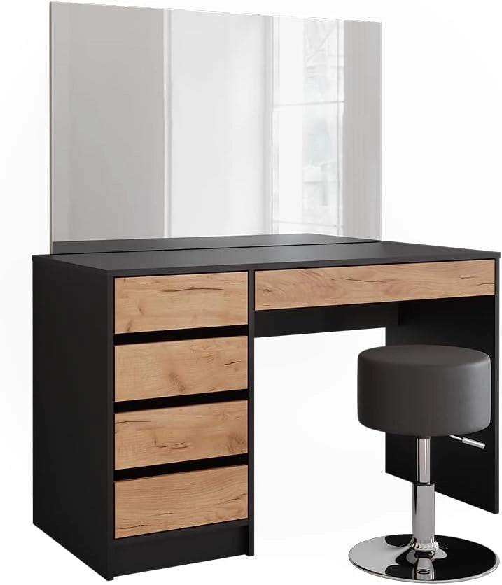 Tavolino da toilette Sherry, Antracite/quercia dorata, 120 x 75 cm con specchio e sgabello, inclusi sgabello e grande specchio per l’uso quotidiano