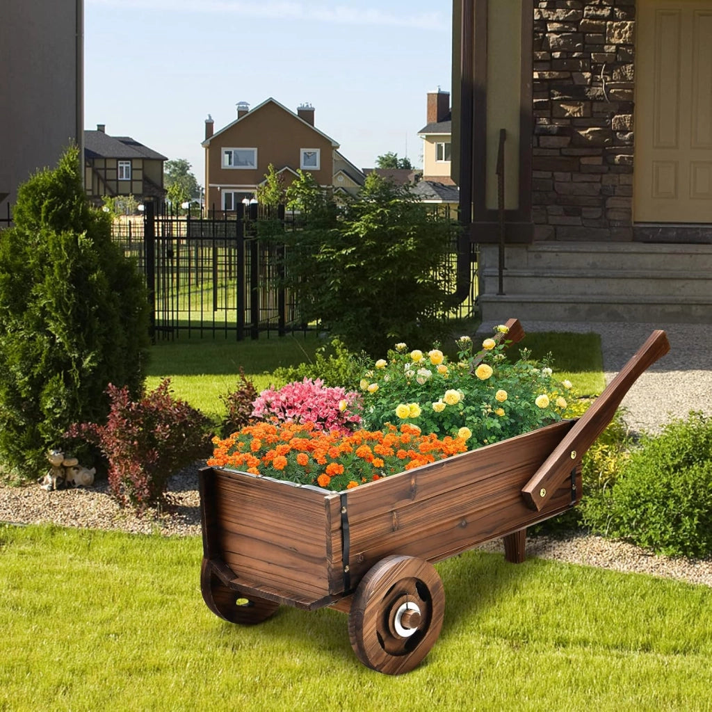 Fioriera da Esterno in Legno a Forma di Carrello, Carriola Portafiori con Ruote, Maniglie, Foro di Drenaggio, Carrello Decorativo da Interno ed Esterno, per Giardino, Patio e Balcone