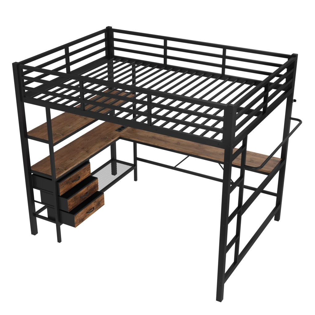 Letto a soppalco 140x200 cm; con scrivania e luci LED; metallo; nero (Senza materasso)
