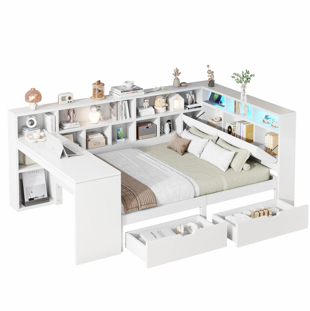 Letto a piattaforma L 140x200 cm con scrivania; libreria; LED e USB; bianco