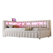 Letto a Divanetto Singolo 90x200 cm; USB; Type-C; LED Regolabile e Mensole; Beige