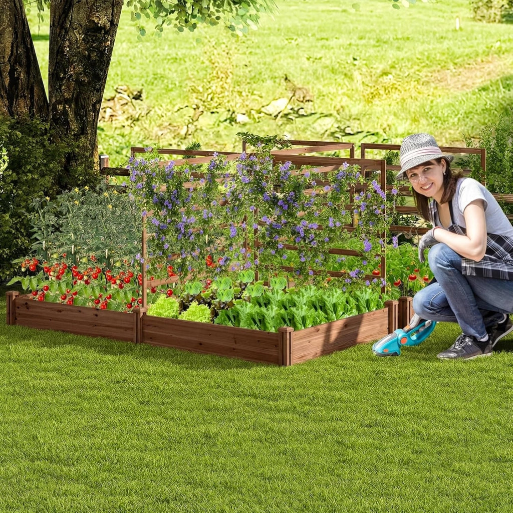 Letto Rialzato da Giardino con 2 Cassoni per Piantare e 3 Tralicci, Aiuola Rialzata da Giardino in Legno per Fiori, Erbe, Verdure, Frutta e Viti Rampicanti, 222 cm x 114 cm x 110 cm (Marrone)