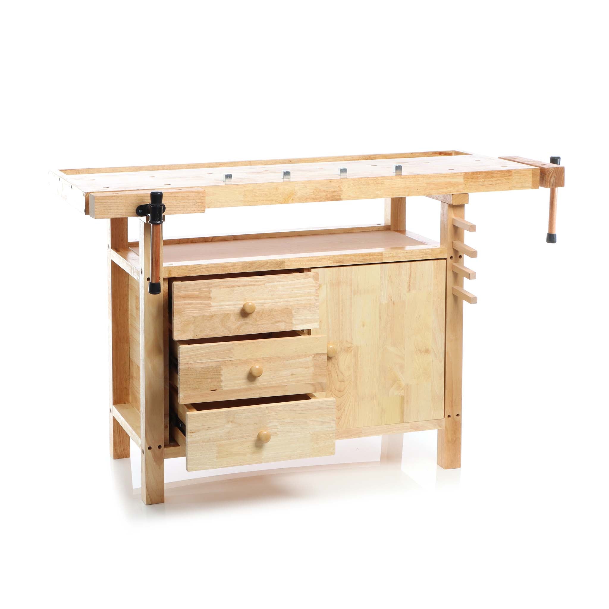 Banco da falegname in legno 126x50x84cm ganci e pinze di serraggio, cassetti e portaoggetti