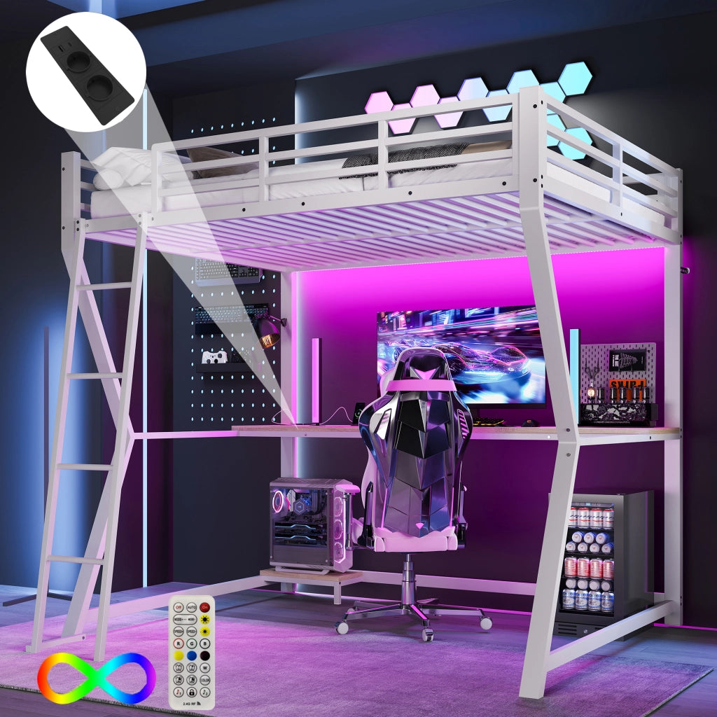 Letto a castello bianco con funzione illuminazione LED scrivania 140x200cm