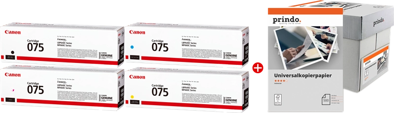 ORIGINAL Canon Value Pack nero / ciano / magenta / giallo / Bianco 075 MCVP + Prindo Universal Papier 2500 Blatt ~5300 Seiten