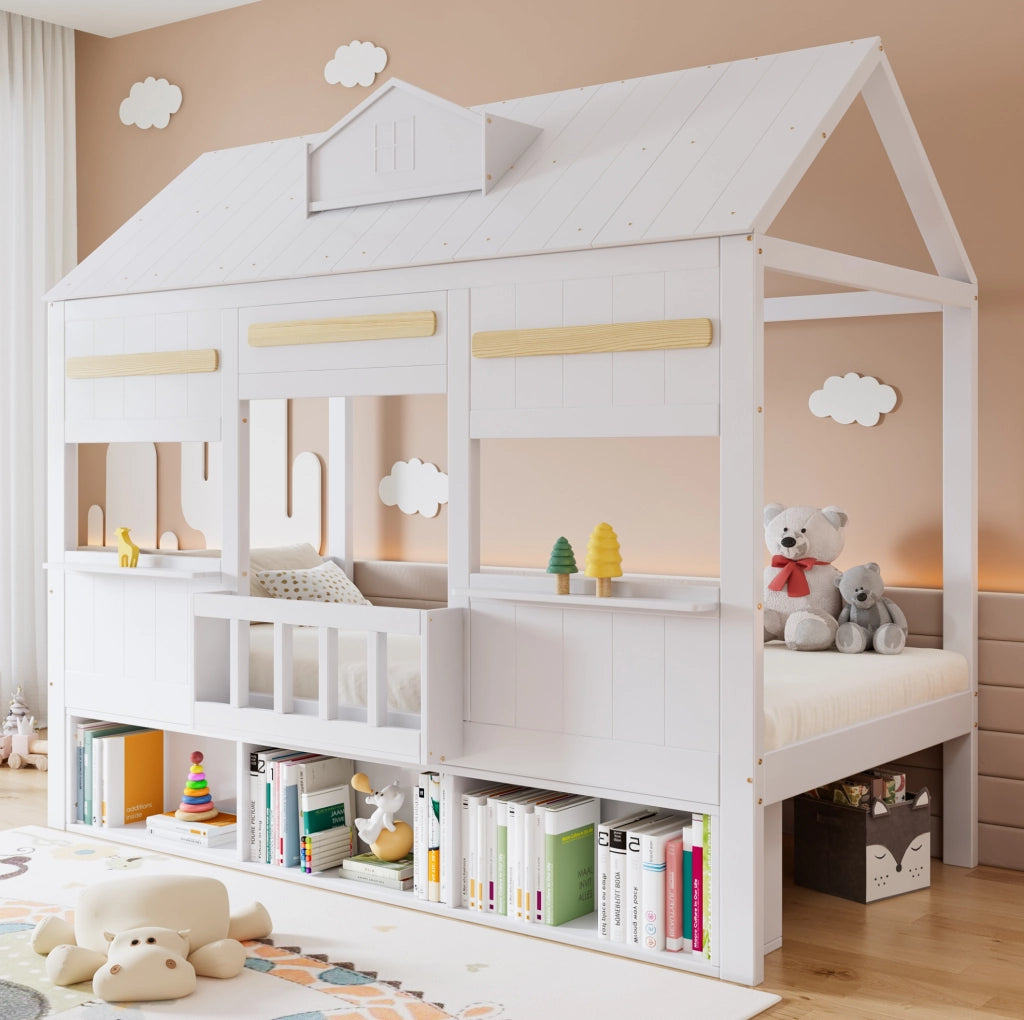 Letto a soppalco per bambini con design a casetta e libreria integrata