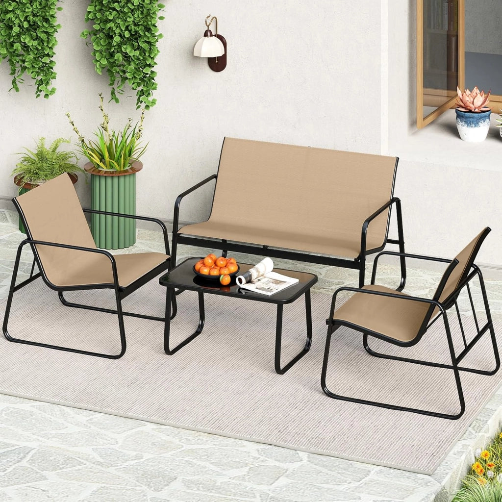 Set Tavolo e Sedie da Giardino 4 Pezzi, Tavolino in Vetro Portato 50 kg, Sedie Portata 150 kg, Panca Portata 300 kg, Set Bistro in Tessuto Textilene, per Cortile Terrazza Piscina (Marrone)