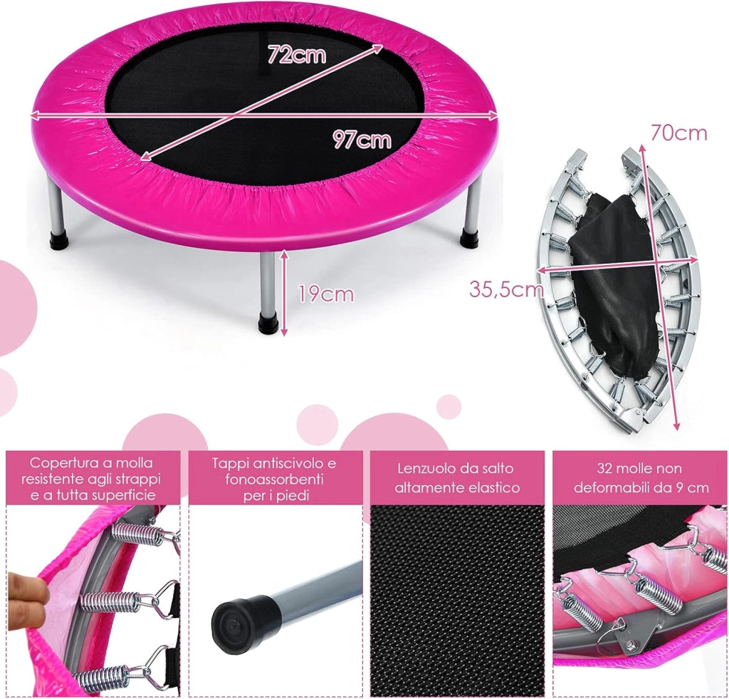 Trampolino Elastico Pieghevole, Tappeto Elastico da Interno con 32 Molle e 6 Gambe e Cuscinetti Antiscivolo, Capacità di Carico 150 kg