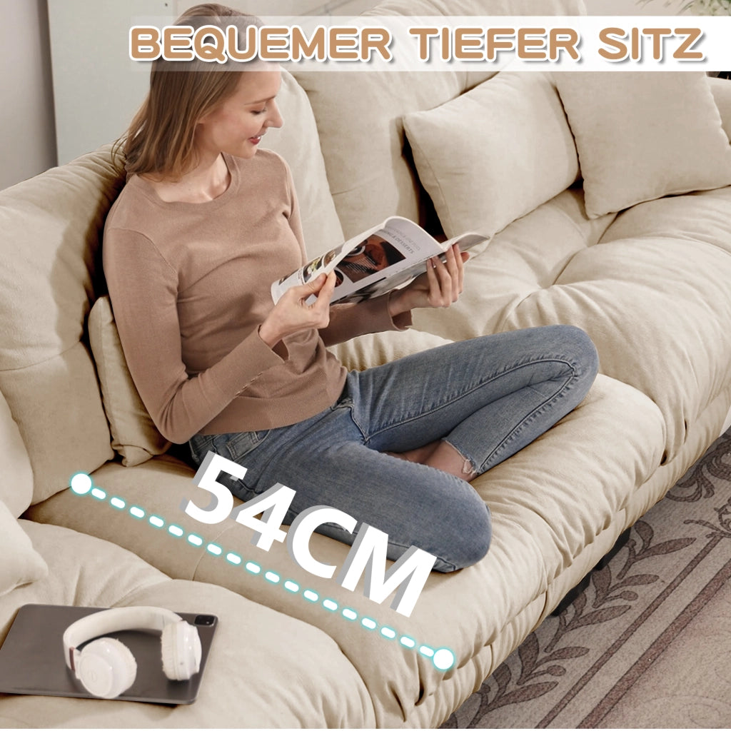 Divano angolare modulare con seduta profonda e pouf mobile, in ciniglia beige chiaro 406 × 145 × 81 cm