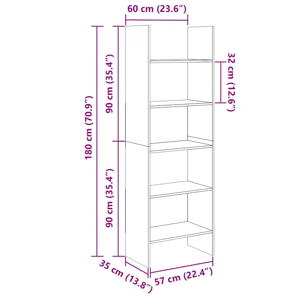 Libreria-Scaffale per Libri-Mobile di Stoccaggio Nera 60x35x180 cm in Legno Multistrato