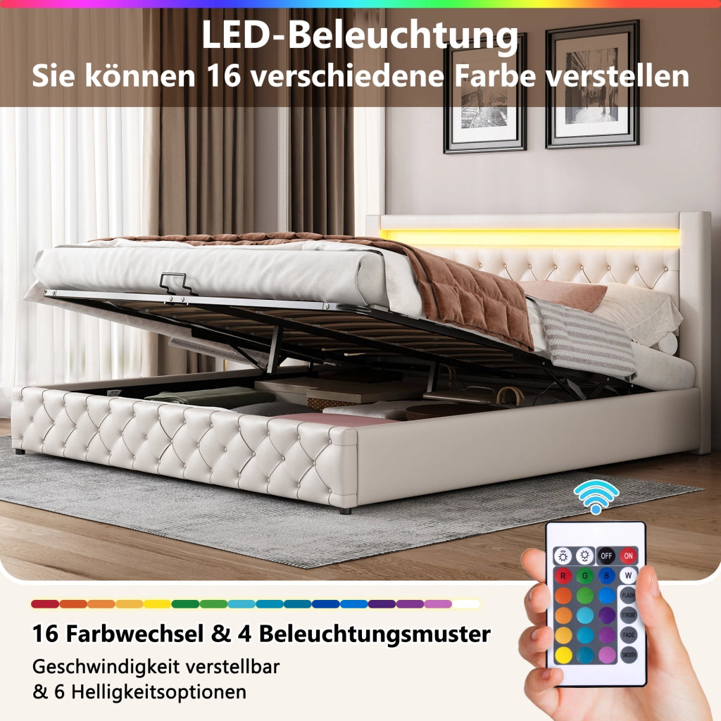 Letto Contenitore 180x200 cm; Letto Matrimoniale con LED e rete a doghe in PU Bianco