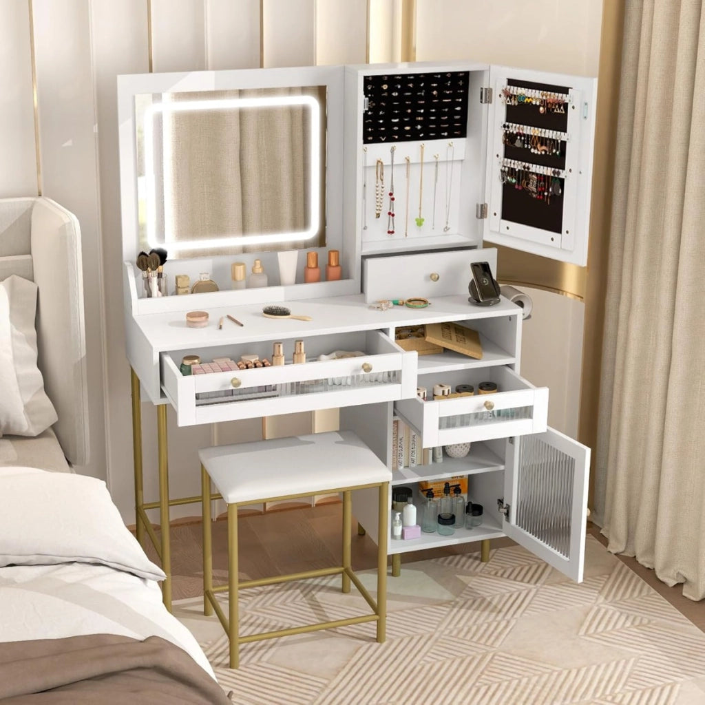 Scrivania per trucco con specchio e luci, Set tavolo da trucco con sgabello e stazione di ricarica Bianco + Oro-Tavoli da trucco