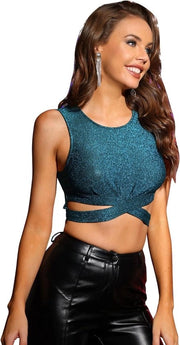 Tuta di Halloween crop top con taglio, senza maniche e glitter - outfit di festa con strisce incrociate e top senza vita.