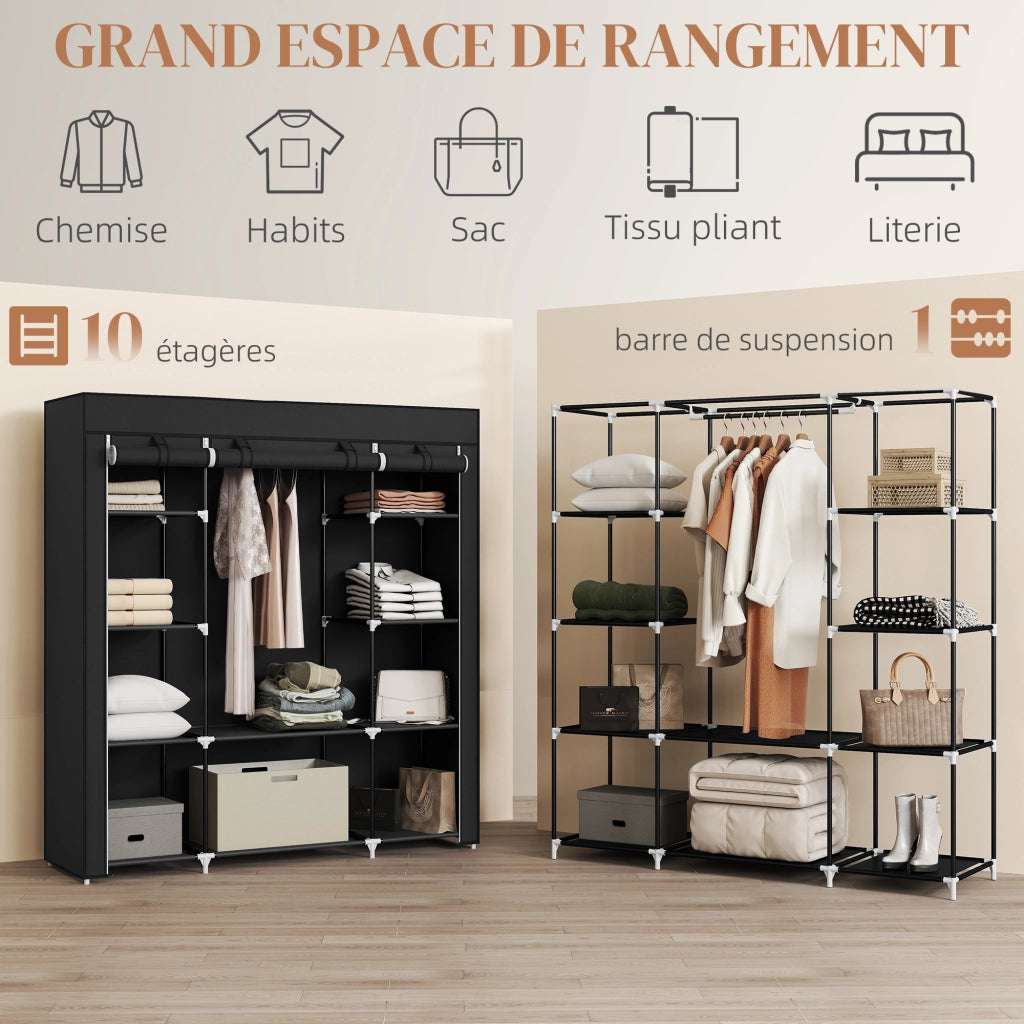 Armadio Tessuto Appendiabiti Ripieghevole con Ripiani ¨C zephmum ¨C Nero 150x43x162.5 cm