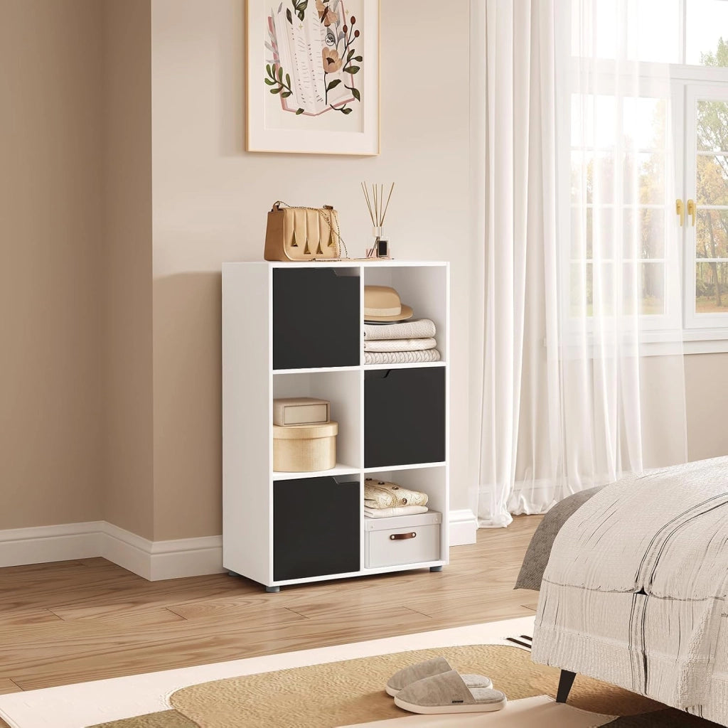 Libreria Armadio a 6 Cubi con Ante Mensola di Legno Portadocumenti Scaffale per Casa e Ufficio Porta Libri CD, Bianco+ Nero, SK001wsz