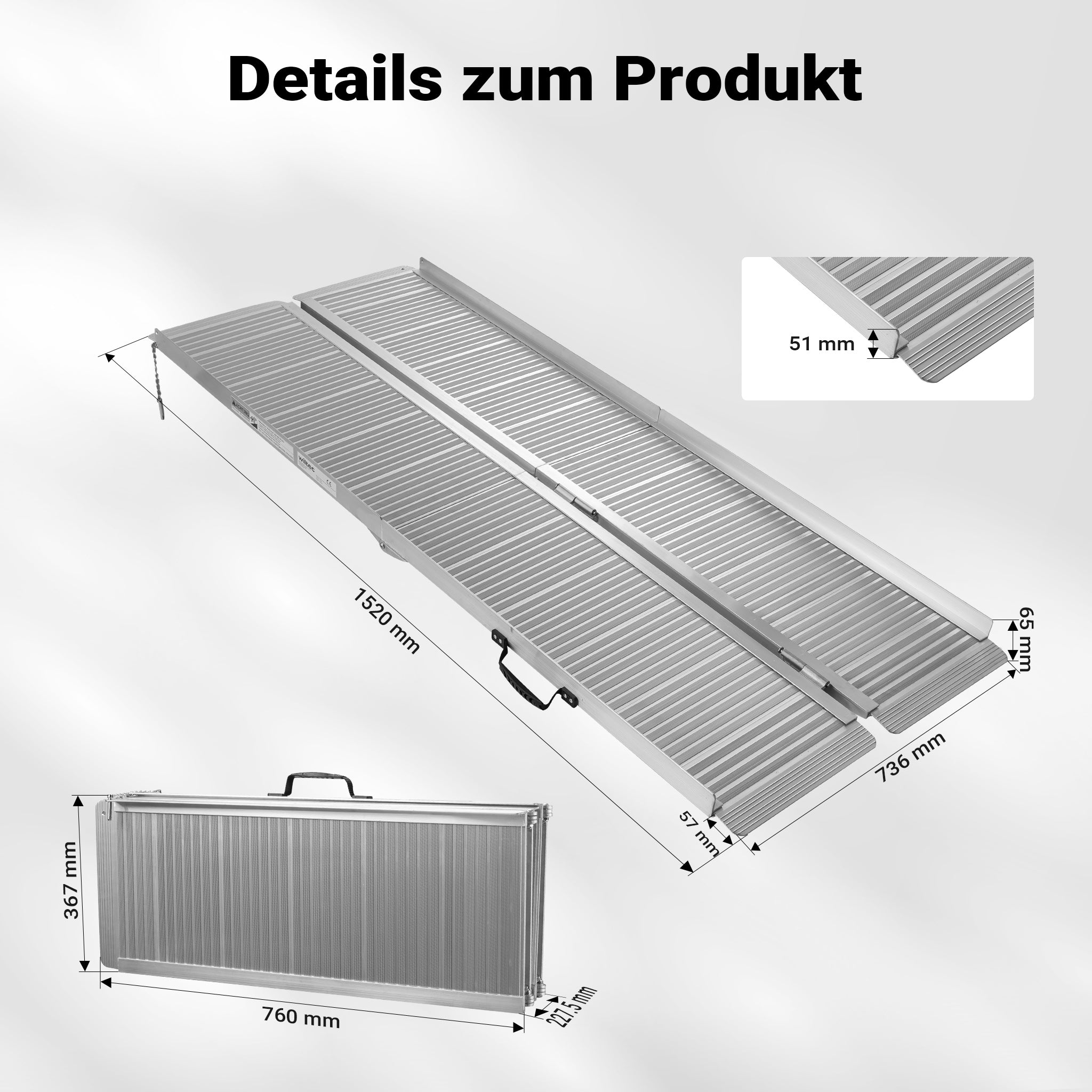 Rampa a valigia per sedia a rotelle, pieghevole mobile antiscivolo, in alluminio 152cm 270kg