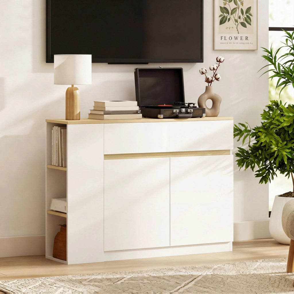 Buffet con 2 cassetti, 3 ripiani aperti e armadio 2 ante ¨C zephmum ¨C 110x29.5x82 cm bianco