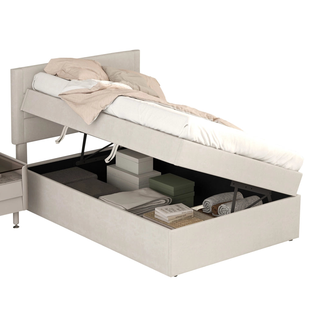 Letto singolo imbottito 90x200 cm con vano contenitore beige