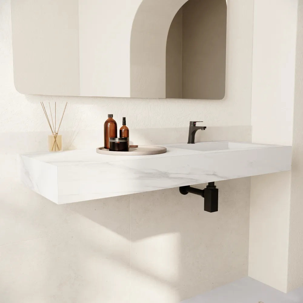 Lavabo sospeso con vasca a destra in hpl 100cm effetto marmo calacatta | Baikal