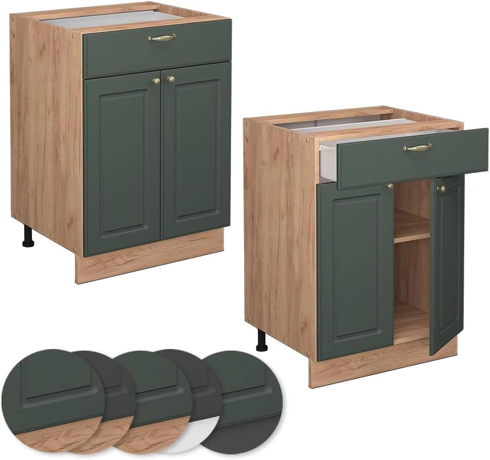 Mobiletto base per cucina Fame-Line, Verde-oro Country House, 60 cm con cassetto, senza piano di lavoro, per la combinazione con altri moduli della serie Fame-Line