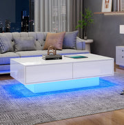 Tavolino da caffè moderno bianco lucido 115 x 55 x 34 cm con 2 cassetti e LED