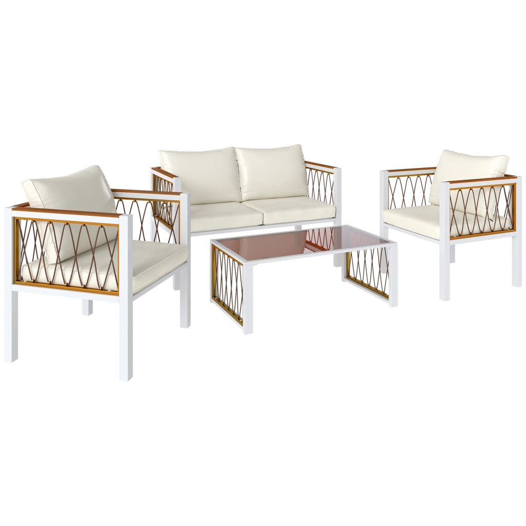 Set di mobili da giardino Set lounge in polietileno in rattan a 4 pezzi con due posti 2 poltrone Tavolo di vetro Tappetino antiscivolo rimovibile