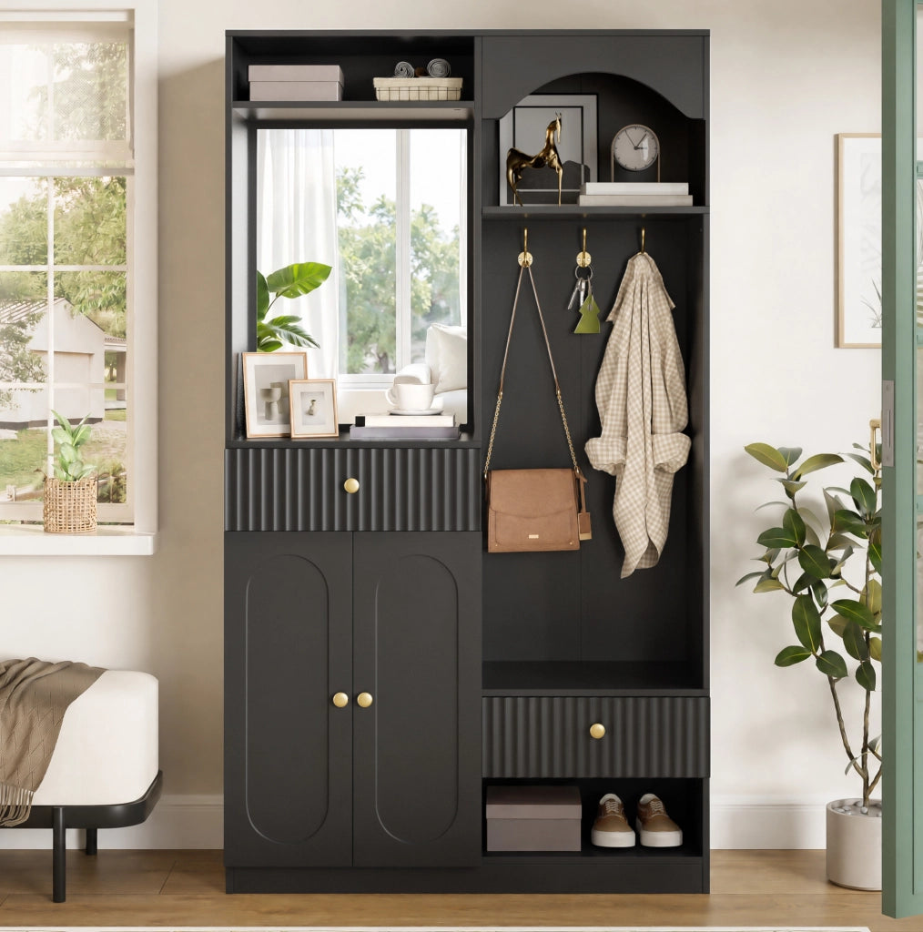 Guardaroba da ingresso ULEVR 100x35x180 cm con specchio, panca, LED multicolore e ripiani regolabili, nero