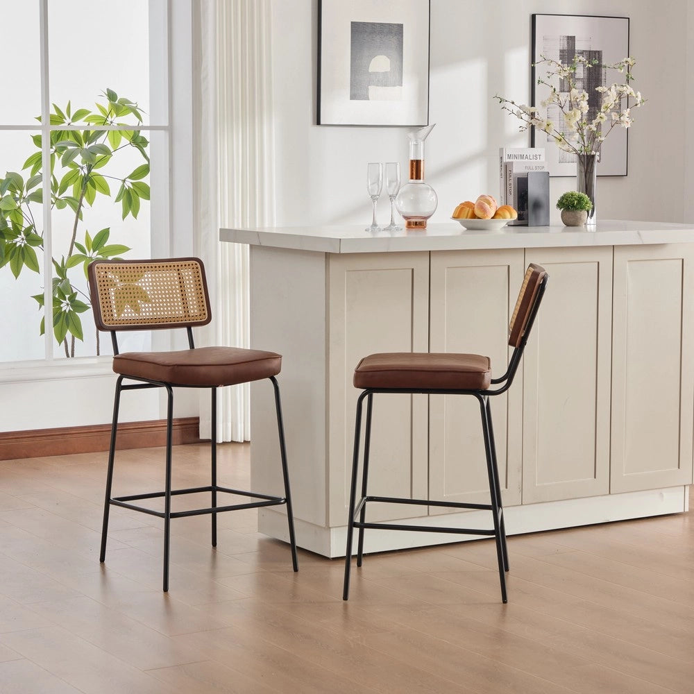 Sgabello da Bar ¨C MINIMAL ¨C Marrone, Rattan, Gambe in Metallo, PU, Senza Braccioli, Set 2 Pezzi