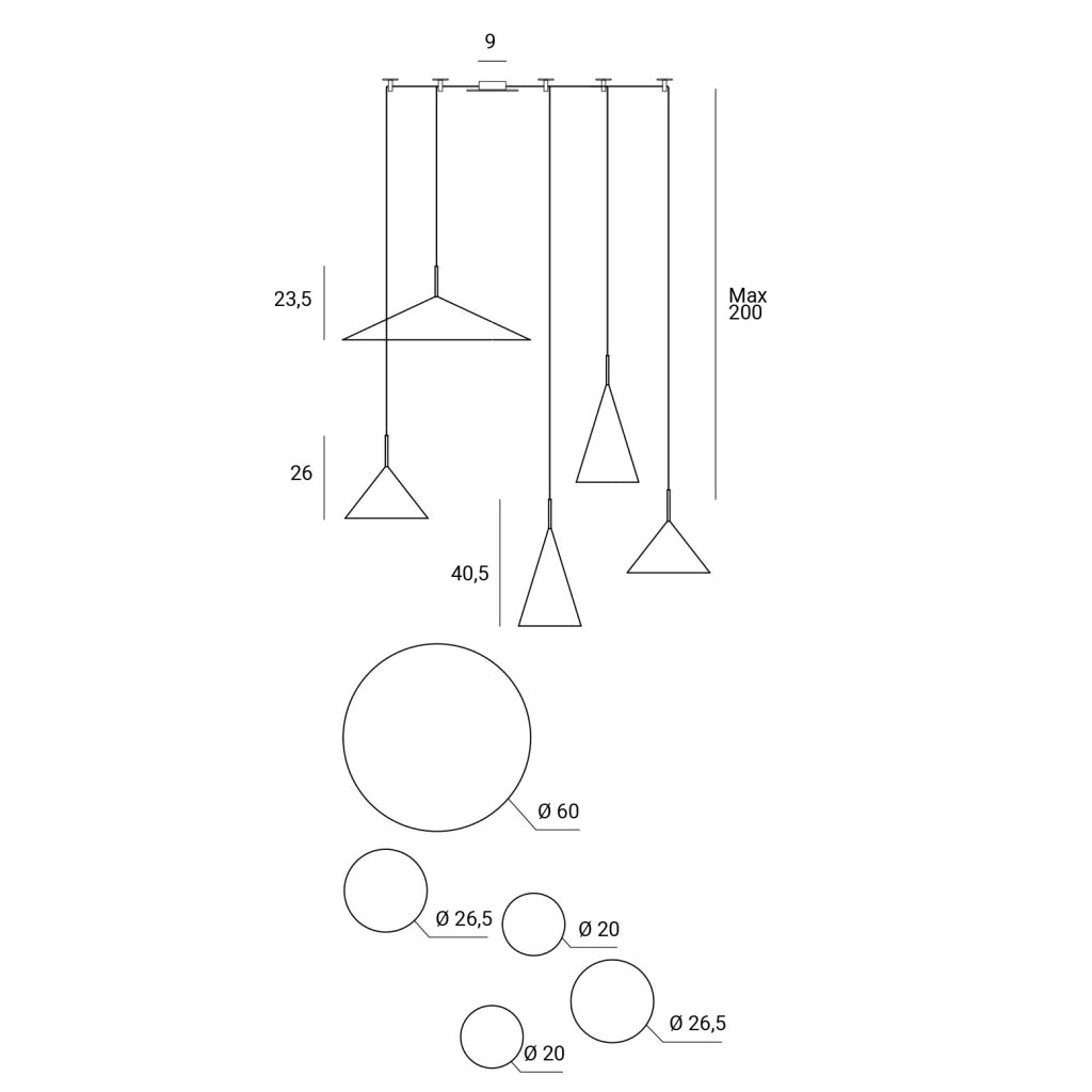 SAMOI KIT LAMPADARIO A SOSPENSIONE 5 LUCI COLORE ESTERNO NERO FINITURE BIANCO ORO ATTACCO E27