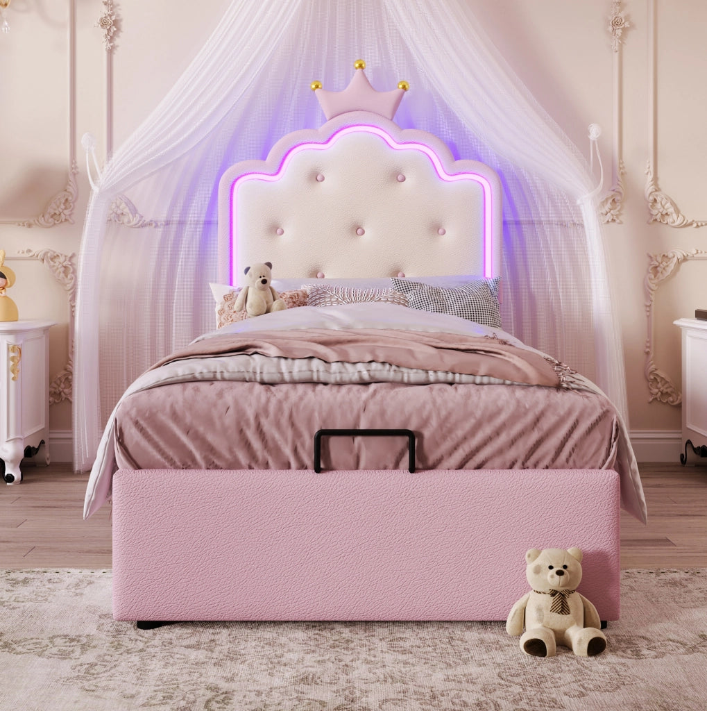 Letto imbottito 90x200 cm; luci LED ambientali e contenitore idraulico; PU; rosa (Senza materasso)