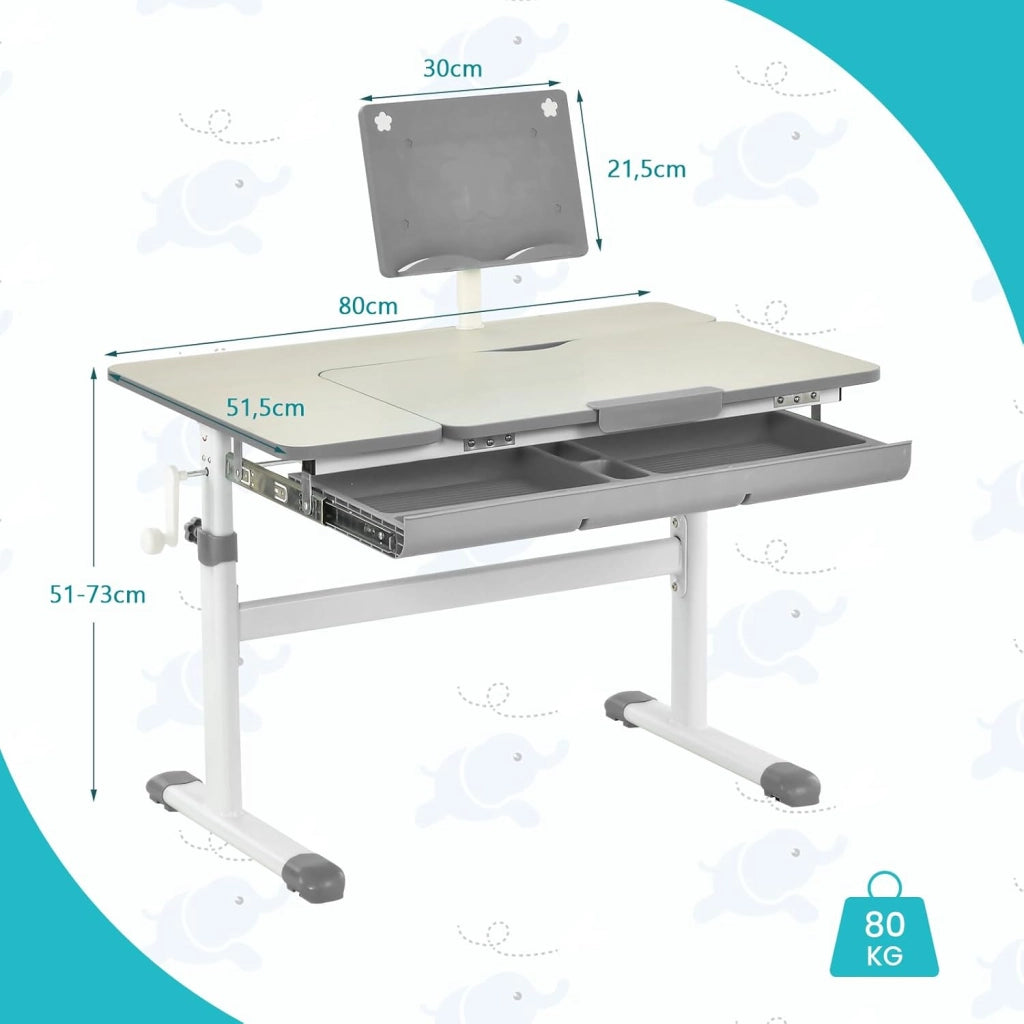 Scrivania per Bambini, Tavolo per Studenti con Regolabile in Altezza, con Piano Ribaltabile, Libreria, Cassetti e Righello di Misurazione, Ergonomica, Ideale per Bambini 3-12 Anni (Grigio)