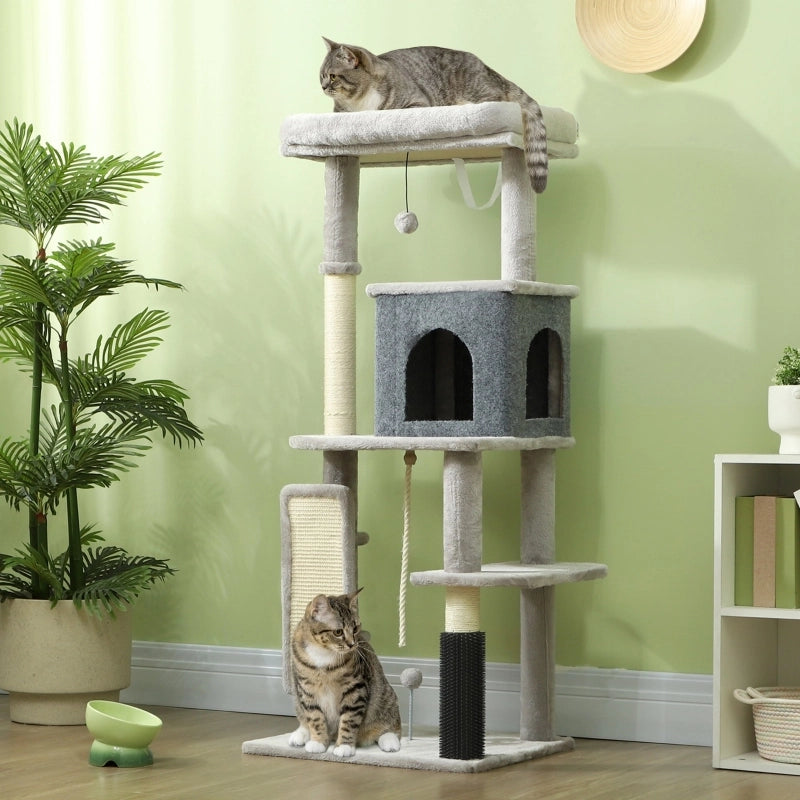Albero per Gatti 132 cm con Tiragraffi, Cuccia e Casetta, Grigio Chiaro