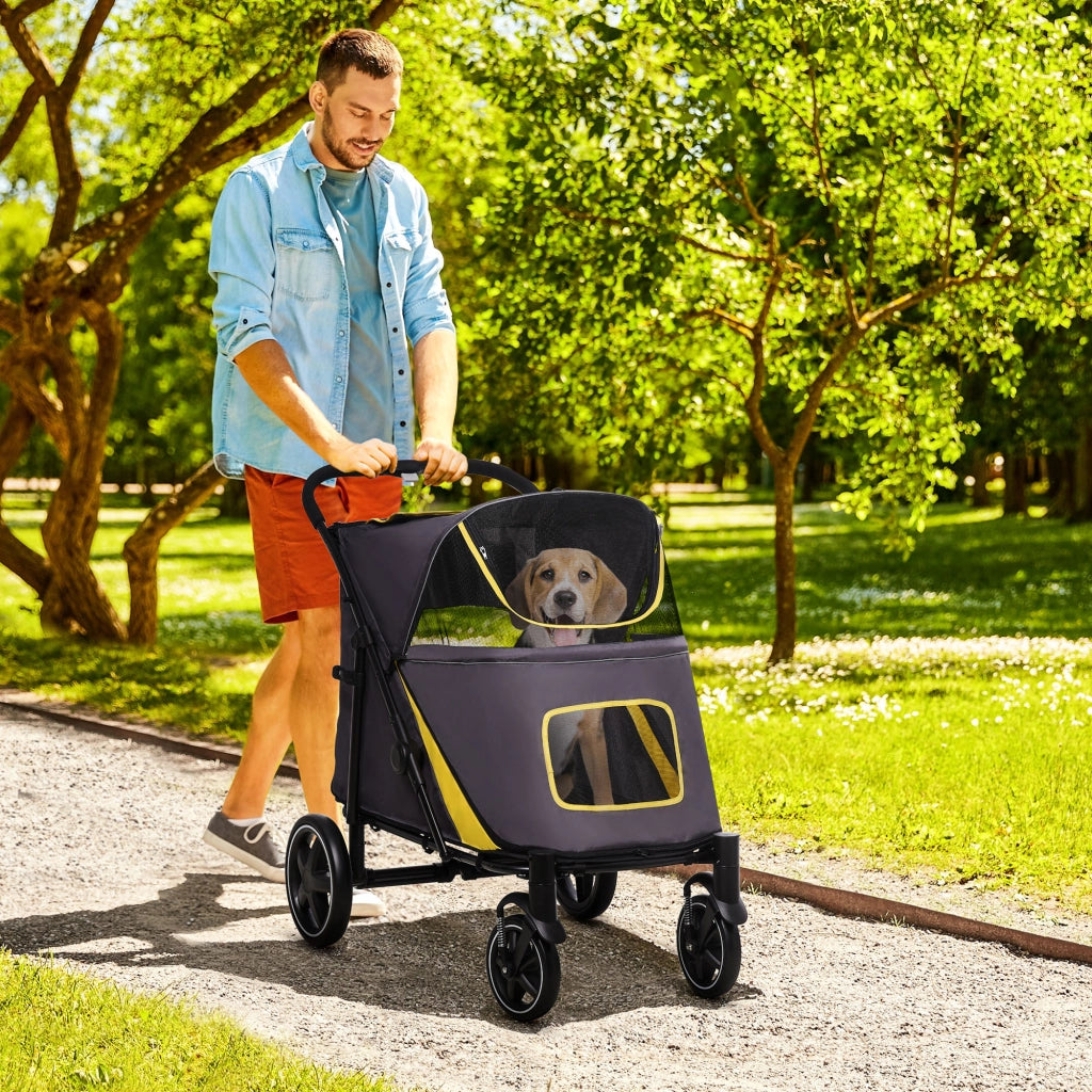 Carrello pieghevole per animali con chiusura a un clic, finestre in rete, ammortizzatori e freni, acciaio grigio scuro 112 × 65 × 100 cm