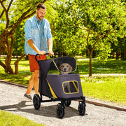 Carrello pieghevole per animali con chiusura a un clic, finestre in rete, ammortizzatori e freni, acciaio grigio scuro 112 × 65 × 100 cm