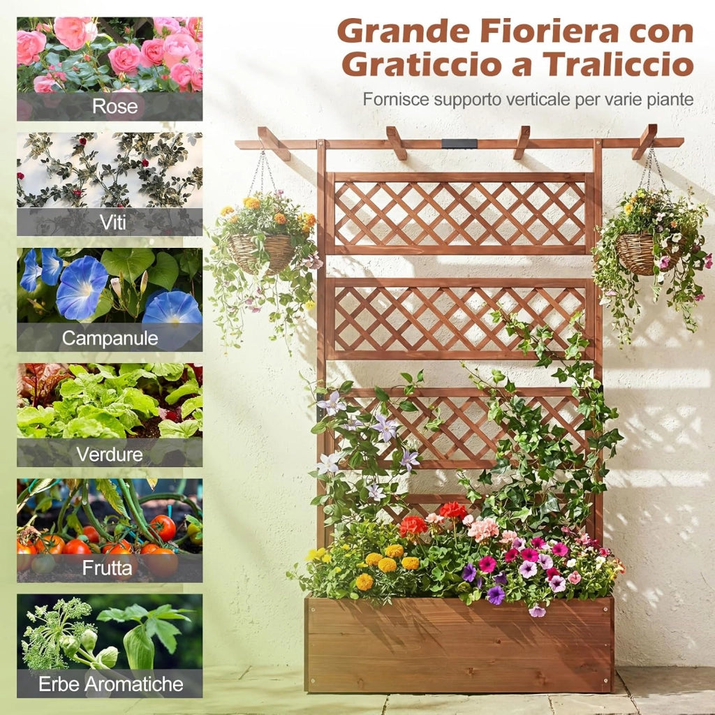 Letto da Giardino con Traliccio, Fioriera Rialzata in Legno con Spalliera, Fori di Drenaggio e Fondo Rimovibile, Aiuola Elevata con Griglia per Piante Rampicanti e Verdure