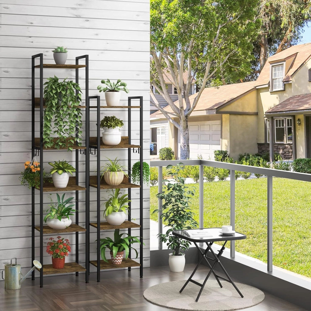 Libreria Industriale a 6 Livelli, Scaffale in Metallo e Legno per Soggiorno e Cucina, Salvaspazio con 4 Ganci, Nero + Legno Vintage, 40x30x187cm