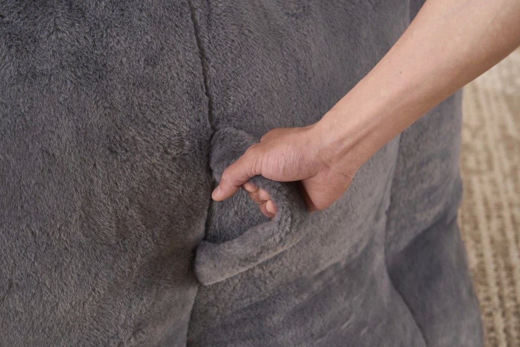 Pouf per adulti in peluche con schienale avvolgente e imbottitura in schiuma per salotto poliestere grigio