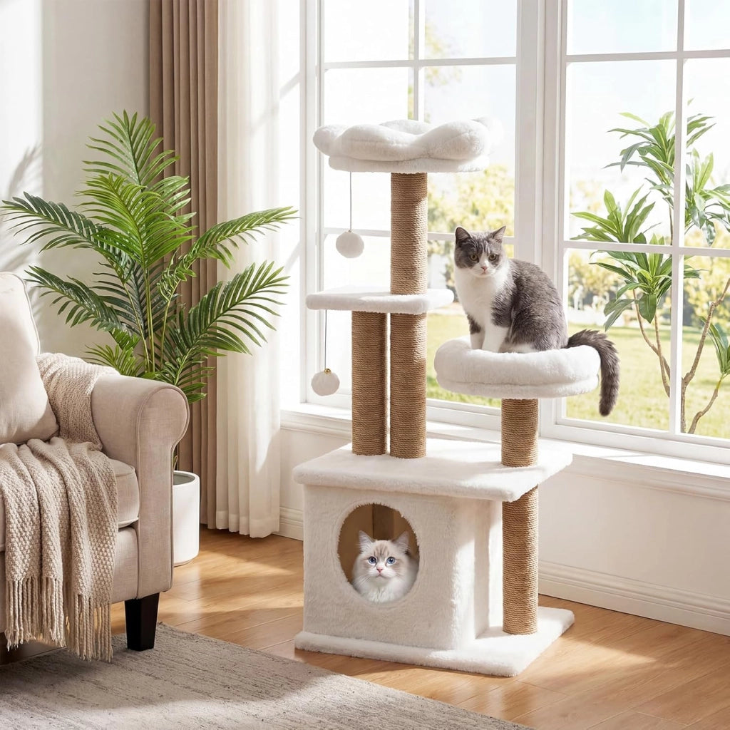 Albero per Gatti, Alberi Tiragraffi Alta 96 cm con Poggiolo Imbottito a Forma di Fiore, Condo Accogliente & Letto per Gatti, 2 Palline con Campanelli Appese & Posti per Graffiare (Bianco)