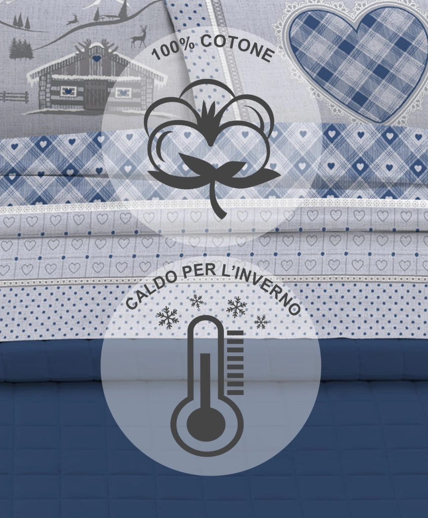 Completo Letto in Flanella Calda e Morbida Anti Pilling - Set Flanellato 3 Misure parure con Federe - Chalet Blu - 1 Piazza