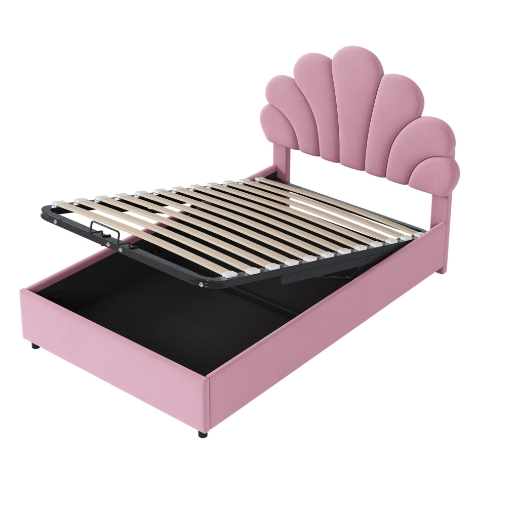 Letto imbottito 90x200 cm con contenitore idraulico e testiera floreale rosa