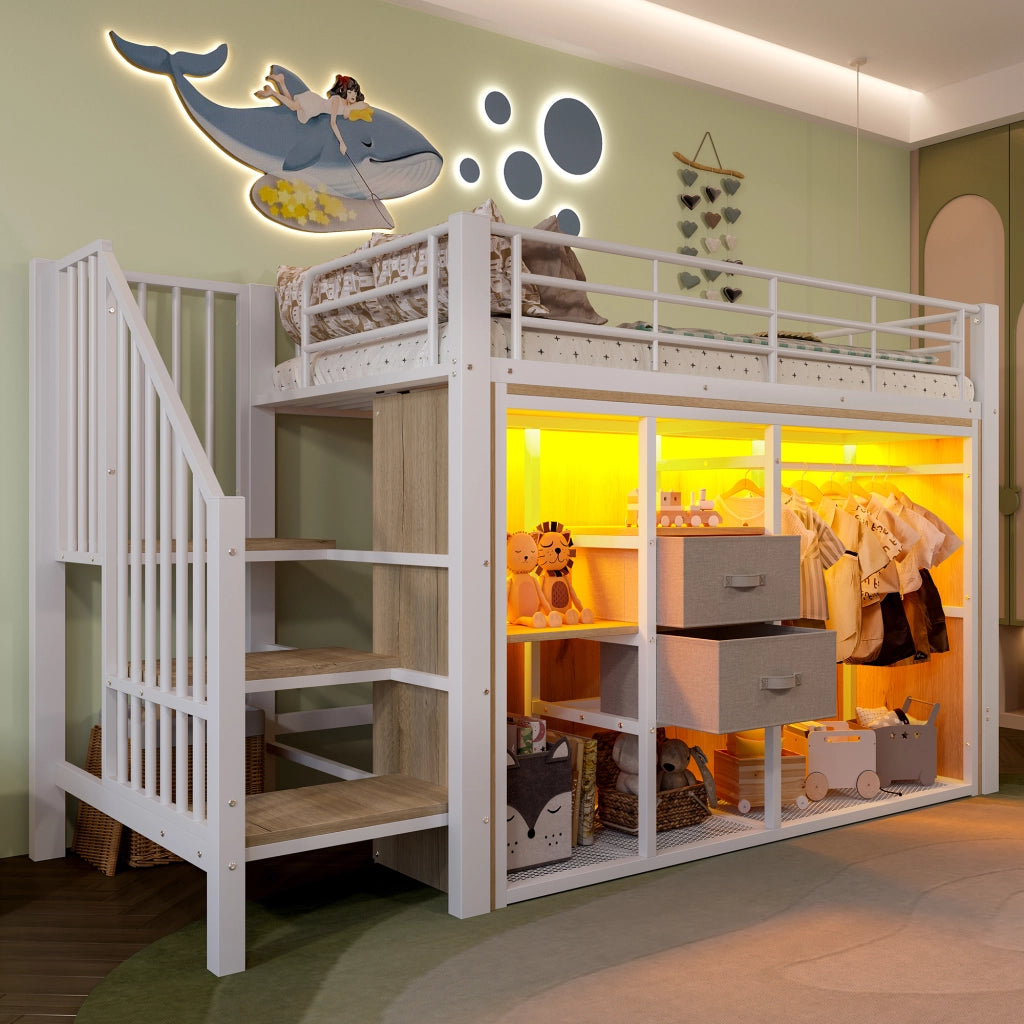 LETTO a soppalco 90x200 cm con 2 cassetti, guardaroba aperto, LED multicolore, bianco