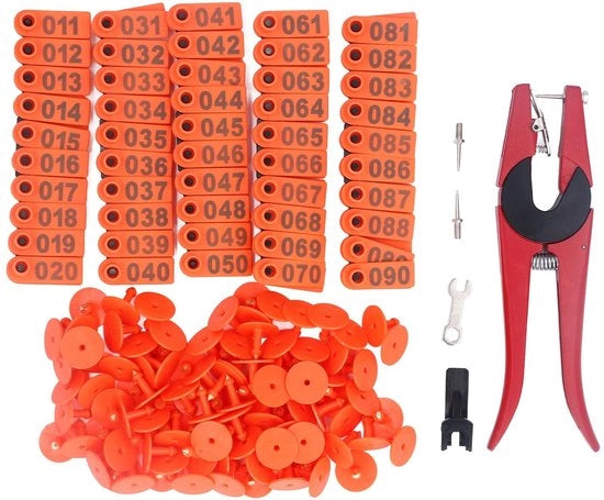 Set di marcature per animali, 100 pezzi, con applicatore, per bestiame, cavallo, maiale, pecora, TPU, lega di alluminio, forma ovale, colore verde/giallo/blu/arancione, (marcatura arancione con tangente)
