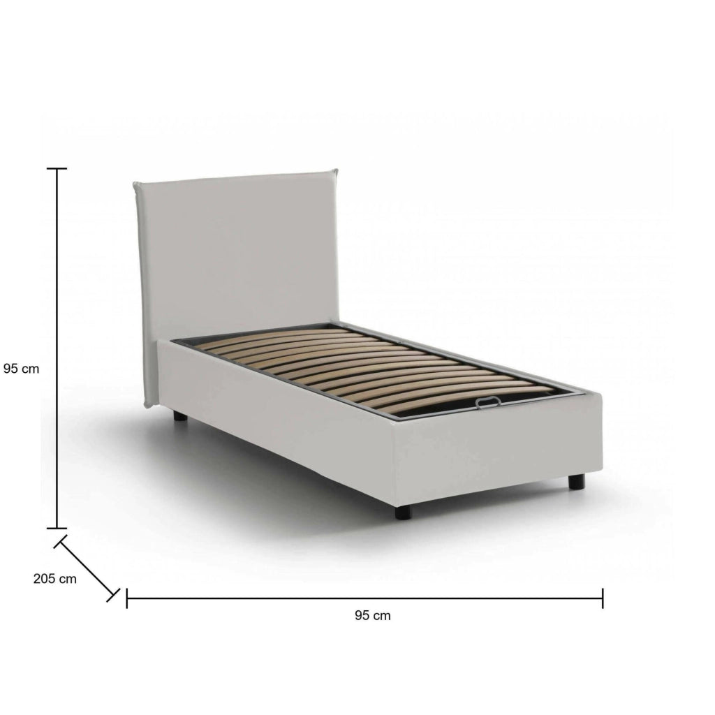 Letto singolo Grecale, Letto contenitore con rivestimento in ecopelle, Made in Italy, Apertura laterale, adatto per materasso cm 80x190, Bianco