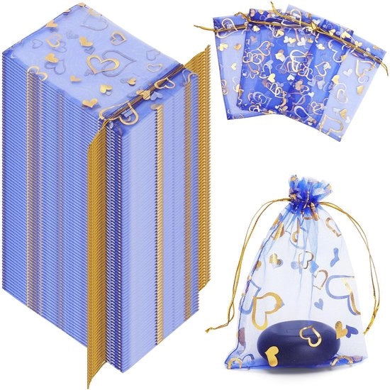 Sacchetti di Organza Blu con Disegno a Cuore - 100 Pezzi - Sacchetti di Regalo Piccoli - Regali di Matrimonio/Gestori di Eventi - Sacchetti di Adorno con Corda di Attracco - 16 x 11 cm - Sacchetti di Regalo