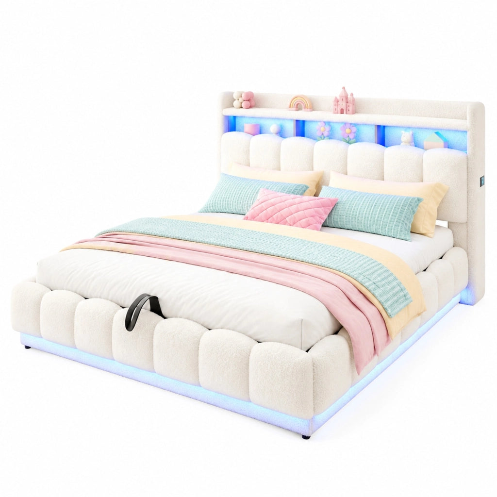 Letto imbottito 180x200 cm con contenitore idraulico, LED, USB e presa, bianco